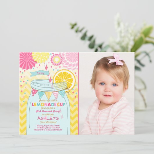 Roze limonade uitnodiging Zonneschijn eerste verja (Staand voorkant)