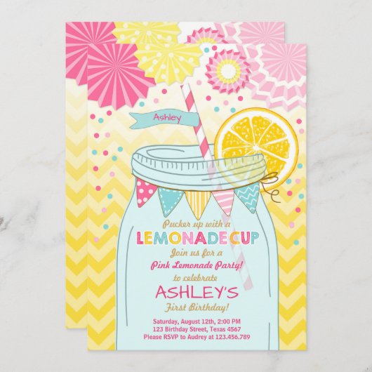 Roze limonade Uitnodiging Zonneshine Eerste verjaa (Voorkant / Achterkant)