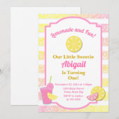 Roze limonade verjaardagsuitnodiging 1e verjaardag kaart (Voorkant / Achterkant)