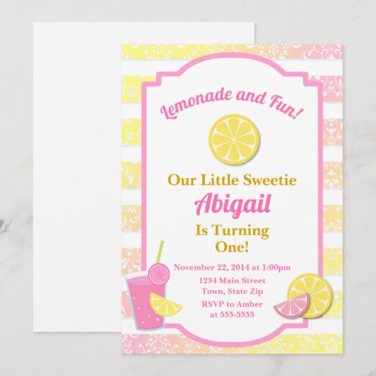 Roze limonade verjaardagsuitnodiging 1e verjaardag kaart (Voorkant / Achterkant)