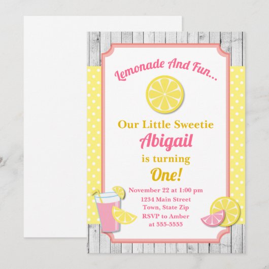 Roze limonade verjaardagsuitnodiging, limonade par kaart (Voorkant / Achterkant)