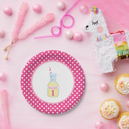Roze limonade witte poka dot 1e verjaardag papieren bordje (Feest)