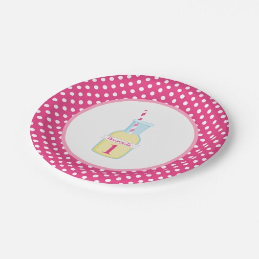 Roze limonade witte poka dot 1e verjaardag papieren bordje (Gekanteld)