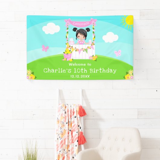 Roze limonade zwart haar meisje verjaardag welkom spandoek (Insitu)