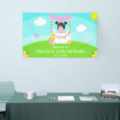 Roze limonade zwart haar meisje verjaardag welkom spandoek (Beurs)