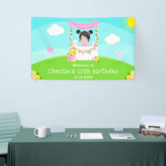 Roze limonade zwart haar meisje verjaardag welkom spandoek (Beurs)