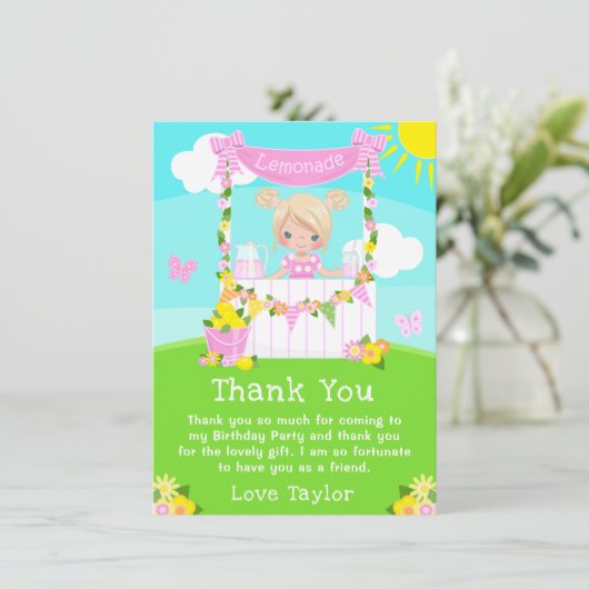 Roze limonadekraam verjaardag blond haar meisje bedankkaart (Staand voorkant)
