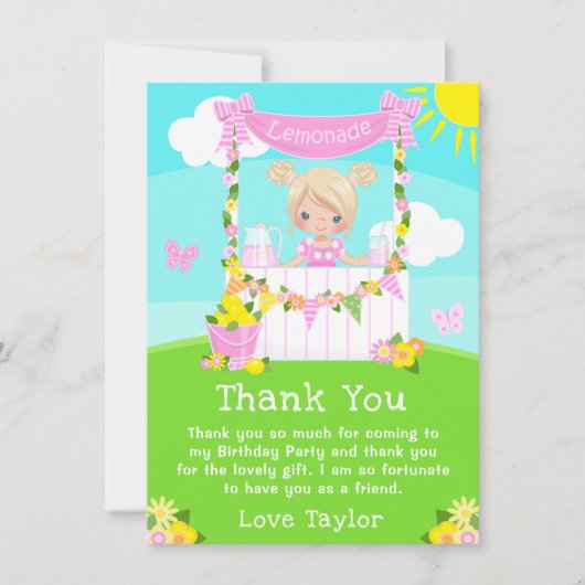 Roze limonadekraam verjaardag blond haar meisje bedankkaart (Voorkant)