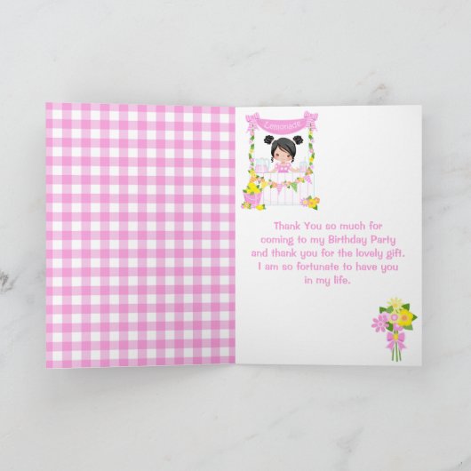 Roze limonadekraam verjaardag zwart haar meisje bedankkaart (Binnen)