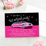 Roze Limousine Bat Mitzvah Night Out Party Kaart<br><div class="desc">Plaats de toon voor een geweldige Bat Mitzvah-viering met deze glamoureuze en leuke limo Hollywood avond uit de roze limo-feestjes. Heldere en girale,  roze,  zwarte en witte kleuren.</div>