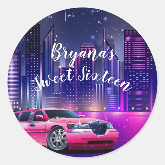 Roze limousine stad sweet 16 verjaardagsfeestje ronde sticker (Voorkant)