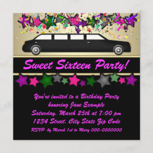 Roze Limousine Sweet Sixteen Feest Uitnodigingen