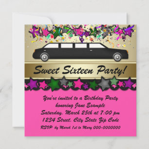 Roze Limousine Sweet Sixteen Feest Uitnodigingen
