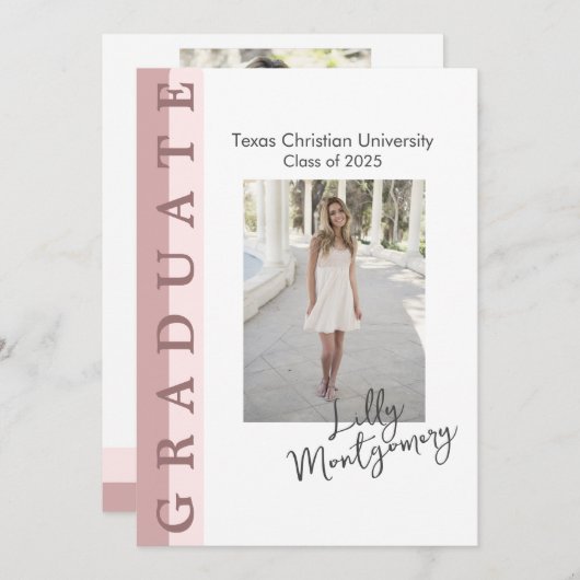 Roze Lineaire Foto Afstuderen Aankondiging Kaart (Voorkant / Achterkant)