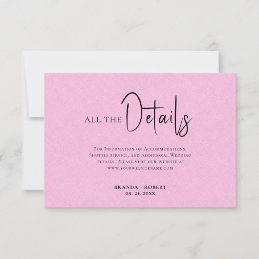 Roze Linen Simple Black Script Weddenschap Details Kaart (Voorkant)