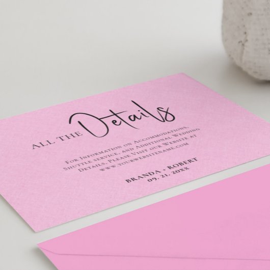 Roze Linen Simple Black Script Weddenschap Details Kaart