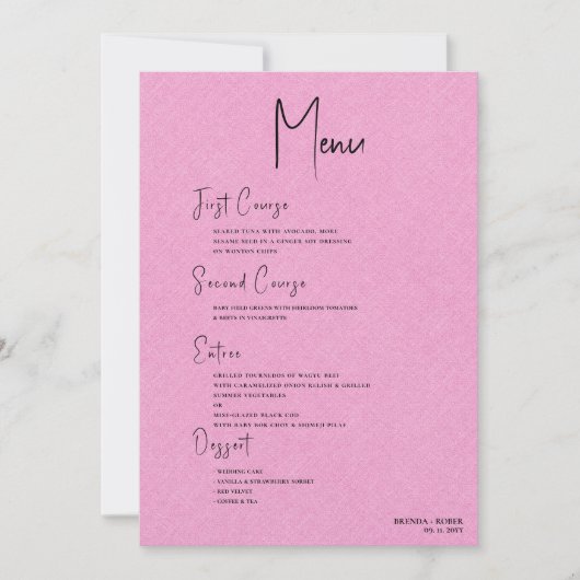 Roze Linen Simple Black Script Weduwmenu Kaart (Voorkant)