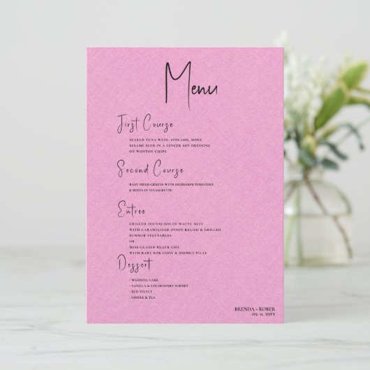 Roze Linen Simple Black Script Weduwmenu Kaart (Staand voorkant)