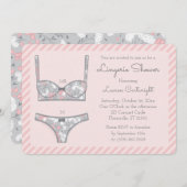 Roze Lingerie Douche Grijs Bloemen Uitnodiging (Voorkant / Achterkant)