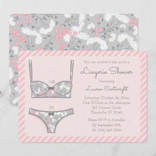 Roze Lingerie Douche Grijs Bloemen Uitnodiging (Voorkant / Achterkant)
