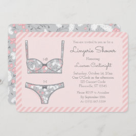 Roze Lingerie Douche Grijs Bloemen Uitnodiging