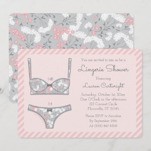 Roze Lingerie Douche Grijs Bloemen Uitnodiging