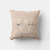 Roze Linnen Grijs Ivoor Monogram Bruiloft Keepsake Kussen (Voorkant)