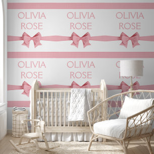 Roze Linnen Lint Bogen Baby Naam Wallpaper Behang