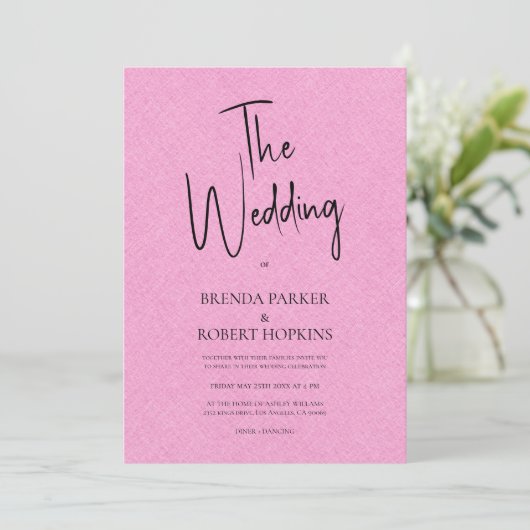 Roze linnen Simple Black Script Weddenschap Invite Kaart (Staand voorkant)