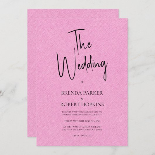 Roze linnen Simple Black Script Weddenschap Invite Kaart (Voorkant / Achterkant)