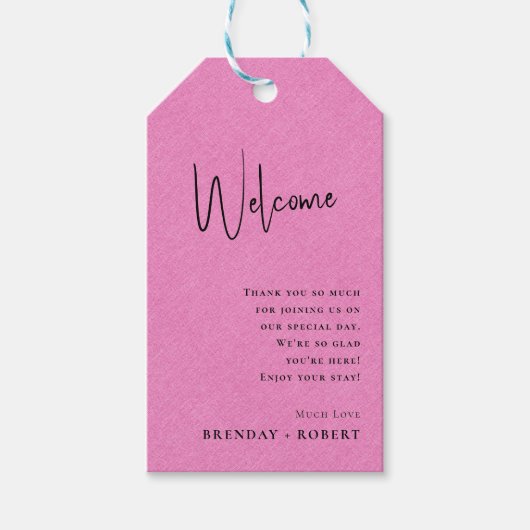 Roze linnen Simple Script Welcome Huwelijkscadeaut Cadeaulabel (Voorkant)