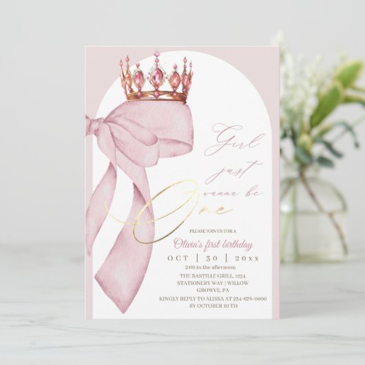 Roze lint 1e verjaardag  kaart (Staand voorkant)