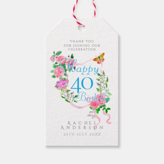 Roze lint 40e verjaardag cadeaulabel (Voorkant)