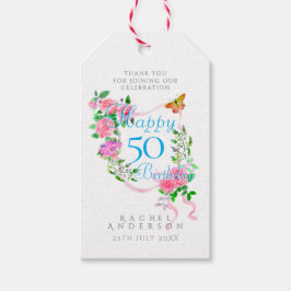 Roze lint 50ste verjaardag cadeaulabel