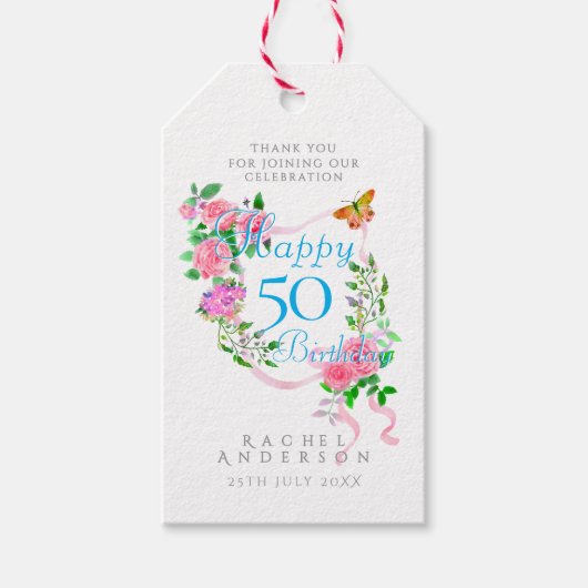 Roze lint 50ste verjaardag cadeaulabel (Voorkant)