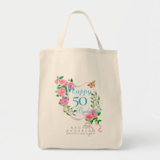 Roze lint 50ste verjaardag tote bag (Voorkant)