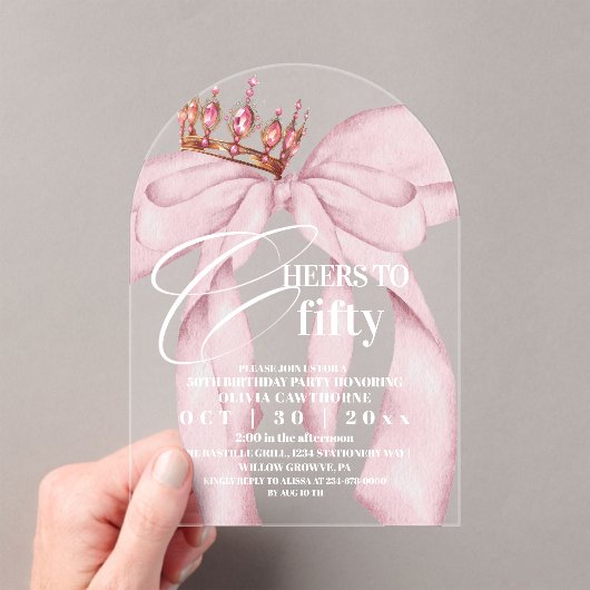 Roze lint 50ste verparty acryl uitnodigingen (Insitu (Draagbaar))