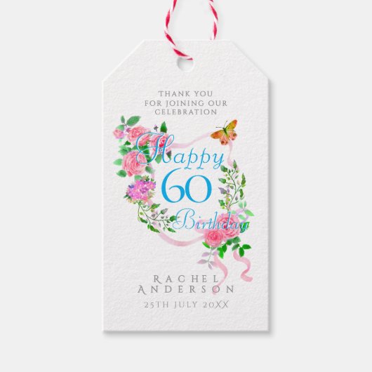 Roze lint 60e verjaardag cadeaulabel (Voorkant)