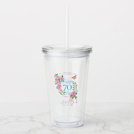 Roze lint 70ste verjaardag acryl drinkbeker (Voorkant)