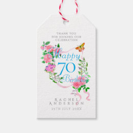 Roze lint 70ste verjaardag cadeaulabel