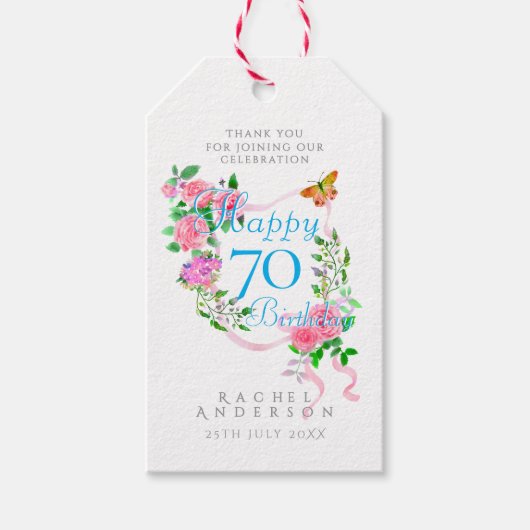 Roze lint 70ste verjaardag cadeaulabel (Voorkant)