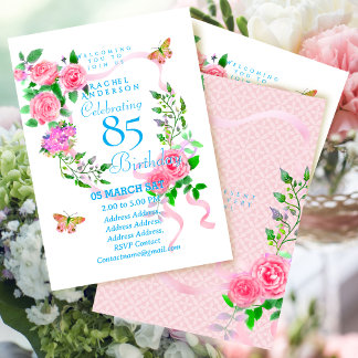 Roze lint 85ste verjaardagsuitnodiging kaart
