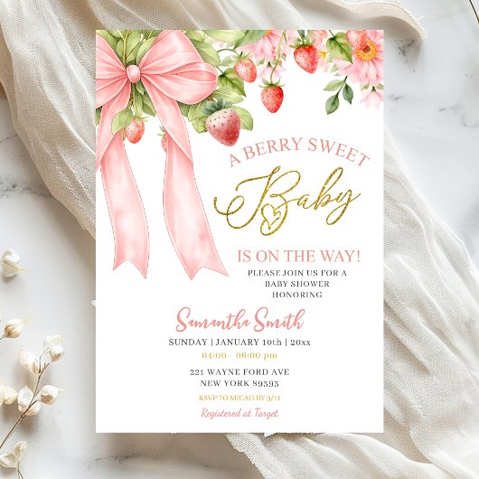 Roze lint aardbei babyshower uitnodiging