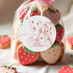 Roze Lint Aardbeien Baby Shower Ronde Sticker