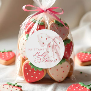 Roze Lint Aardbeien Baby Shower Ronde Sticker