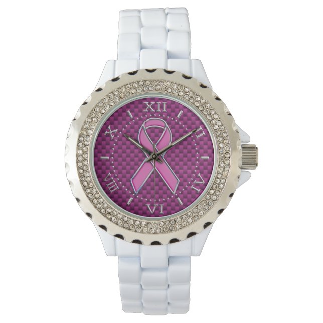 Roze Lint Awareness Fuchsia Carbon Style Dial Horloge (Voorkant)