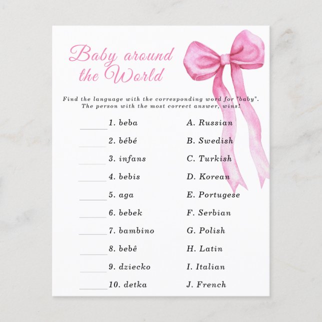 Roze lint baby shower - Baby rond de wereld spel (Voorkant)