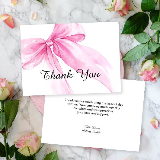Roze lint baby shower bedankkaart