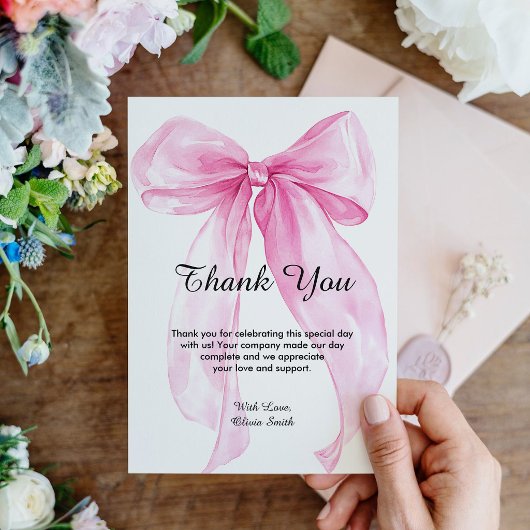 Roze lint baby shower bedankkaart