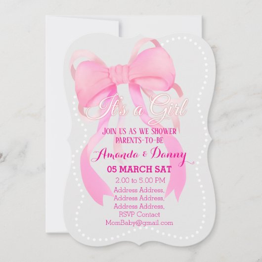 Roze lint Baby shower grijs Feestdagenkaart (Voorkant)